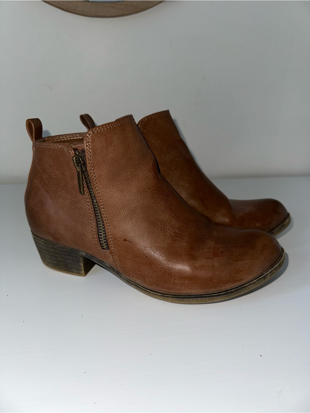 Dollcake Tan Brown Ankle Booties with Side Zip